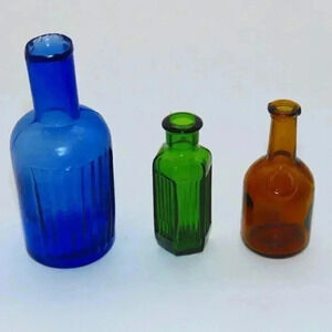 Vintage Miniature Trio Glass Bottles Brown Blue Green Very Good Condition